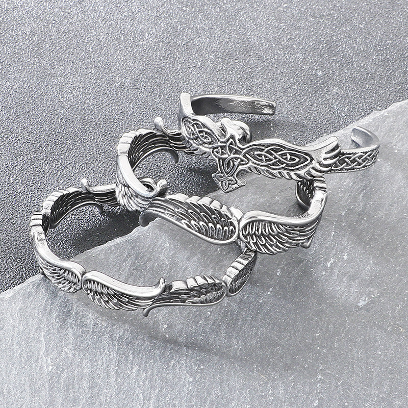 Nordic Viking Celtic Knot Crow – Punk Style Bamboo Feathers Stainless Steel Man Bracelet