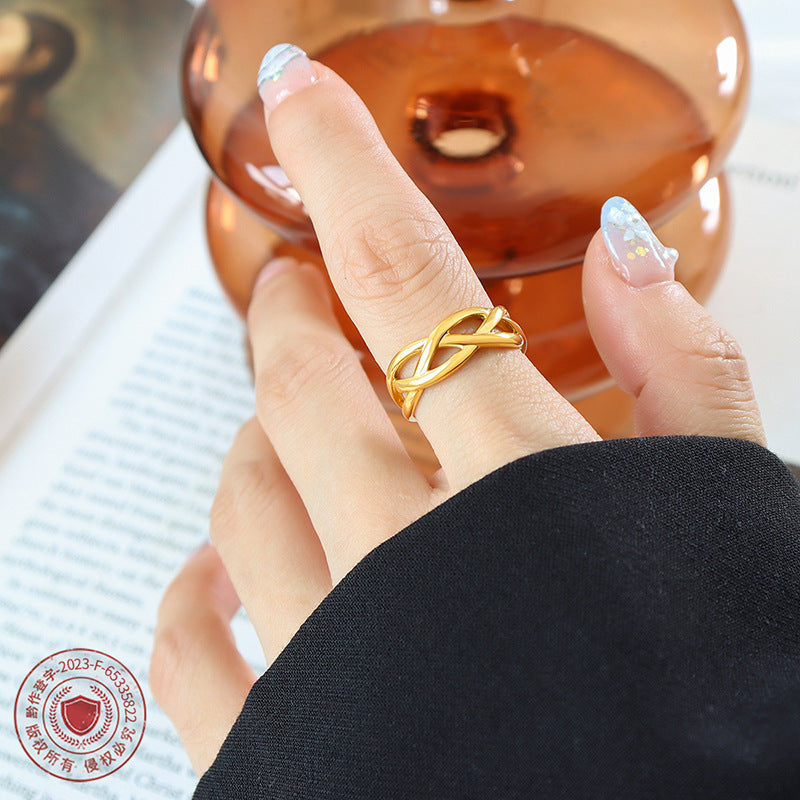 Cross-Staggered Gold Plated Titanium Ring for Women