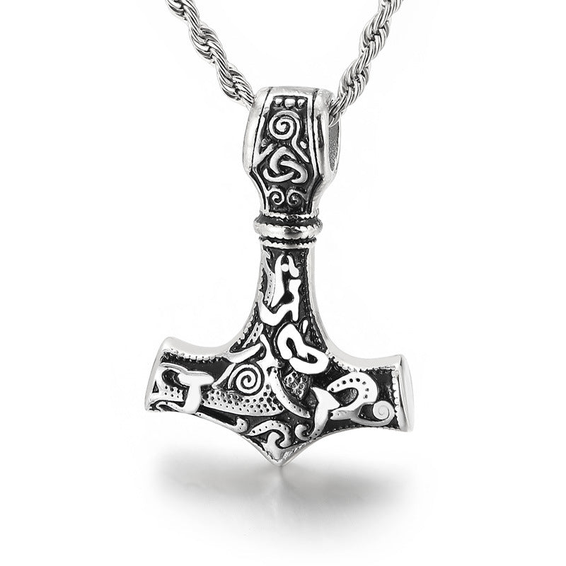 Men's Vintage Thor's Hammer Skull Necklace, Customizable Titanium Steel Pendant, Various Designs Available for Men