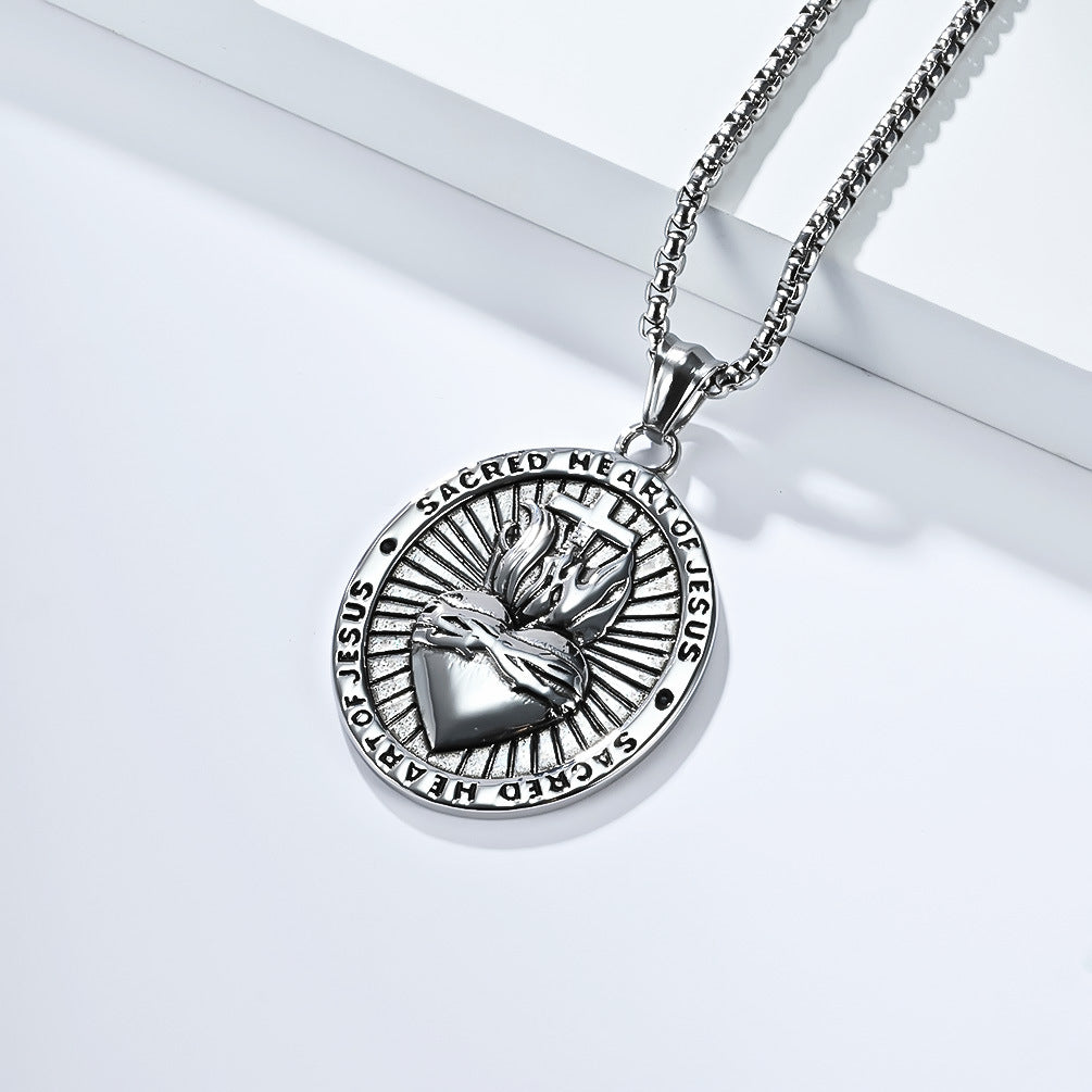 Planderful Sacred Heart Cross Titanium Steel Necklace For Men Retro European American Symbol Body Protection Jewelry