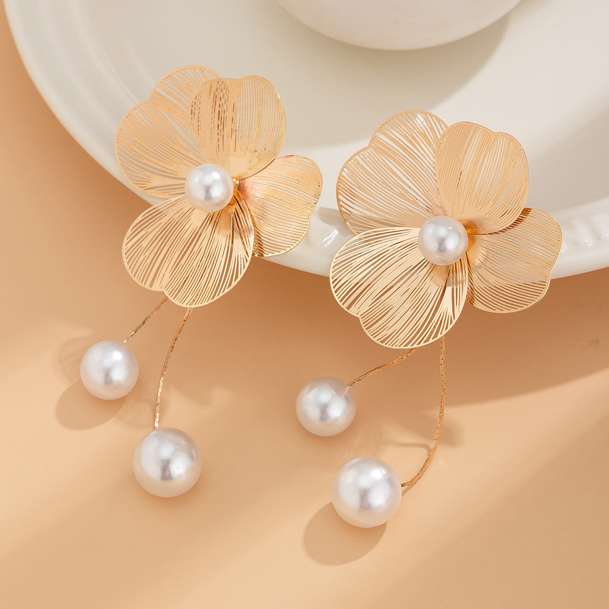 Ginkgo Leaf Stud Earrings By Planderful Vienna Verve Metal Textured Imitation Pearl Statement Earrings For Women