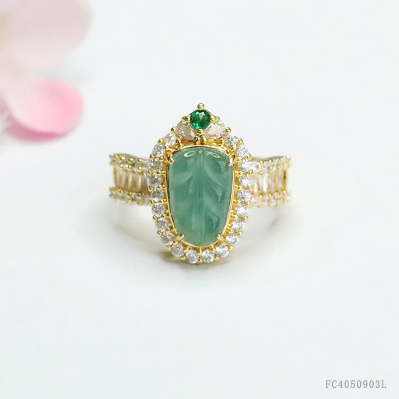 Blue Water Jadeite Leaf Pavé-Style Ring