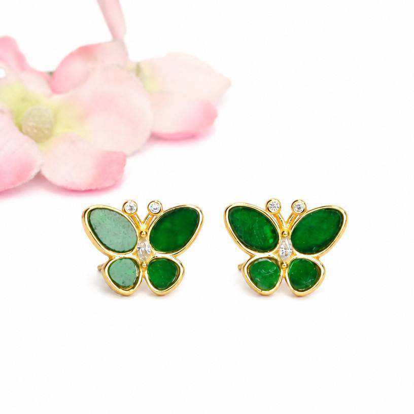 Green Jadeite Butterfly 925 Silver Stud Earrings