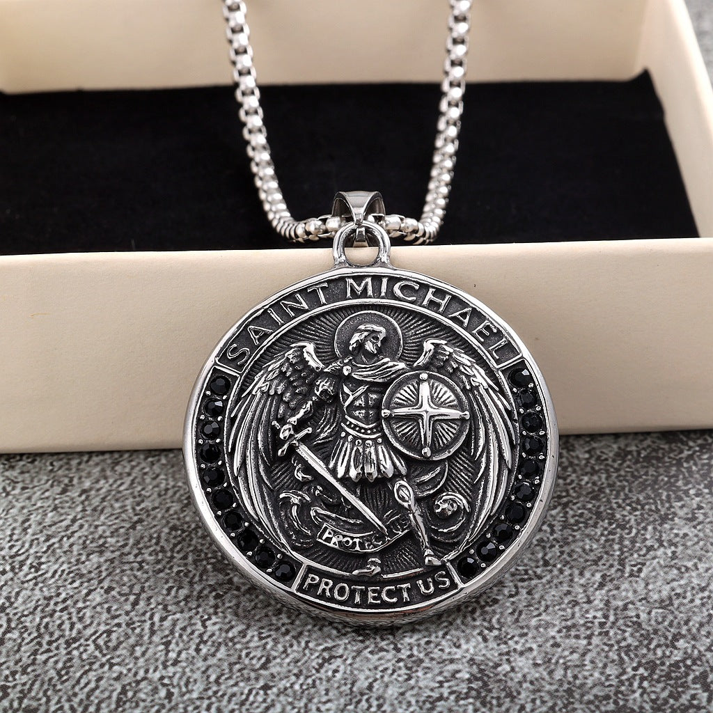 Vintage St. Michael Angel Stainless Steel Men's Pendant Necklace