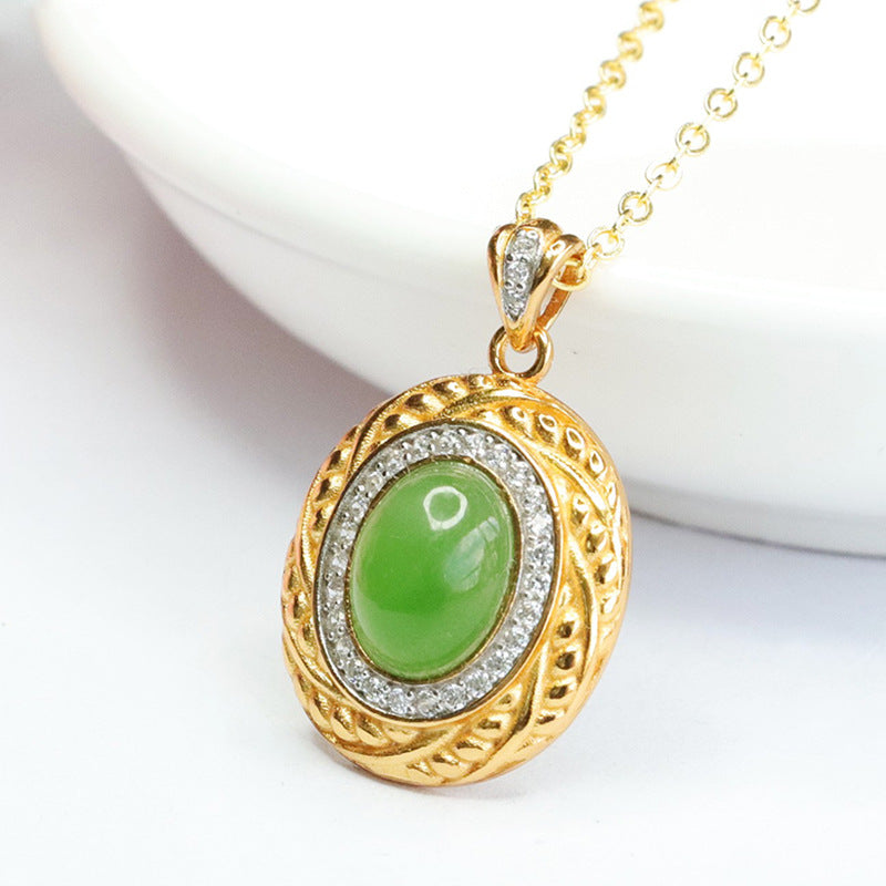 Vintage Antique Necklace with Hotan Jade and Zircon Oval Pendant