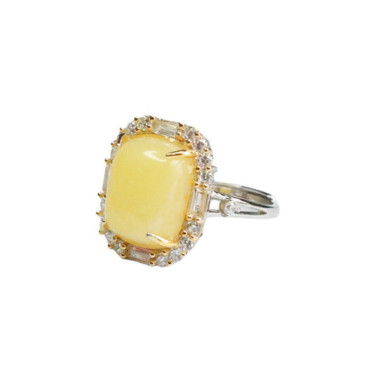 Sterling Silver Adjustable Ring with Beeswax Amber and Zircon Detail