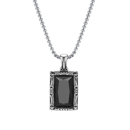 Planderful Titanium Steel Pendant Necklace For Men With Square Black Glass Frame Durable Masculine Style