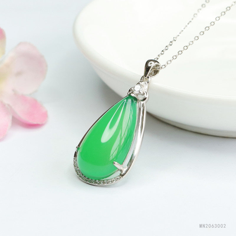 Green Chalcedony Teardrop Silver Pendant — No Chain