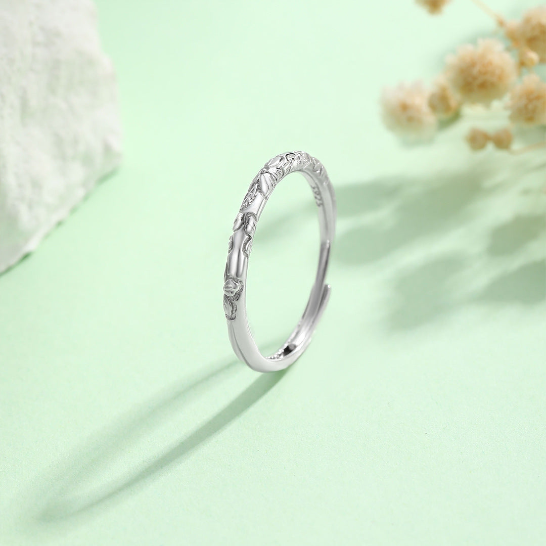Planderful S925 Sterling Silver Cherry Blossom Ring For Women Adjustable Carved Band