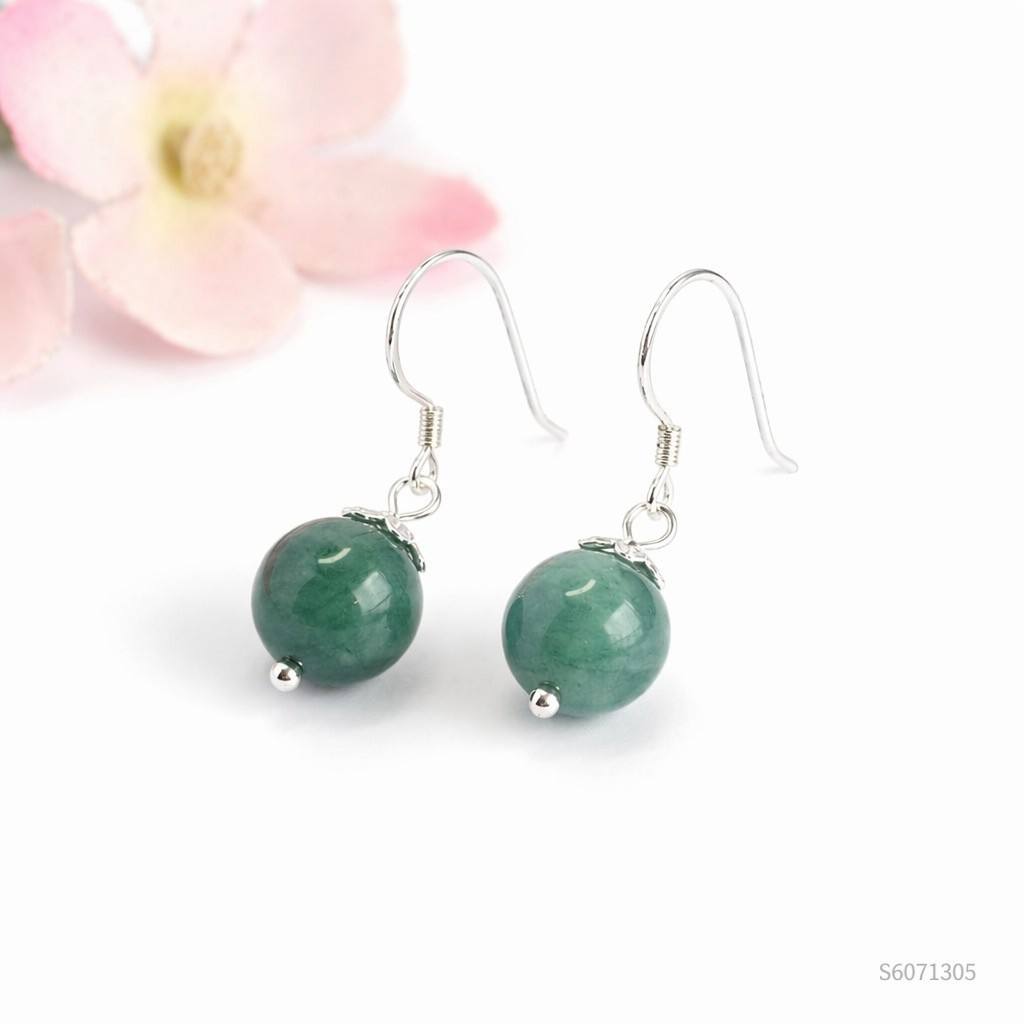 Blue-Water Jadeite Bead 925 Silver Hook Earrings