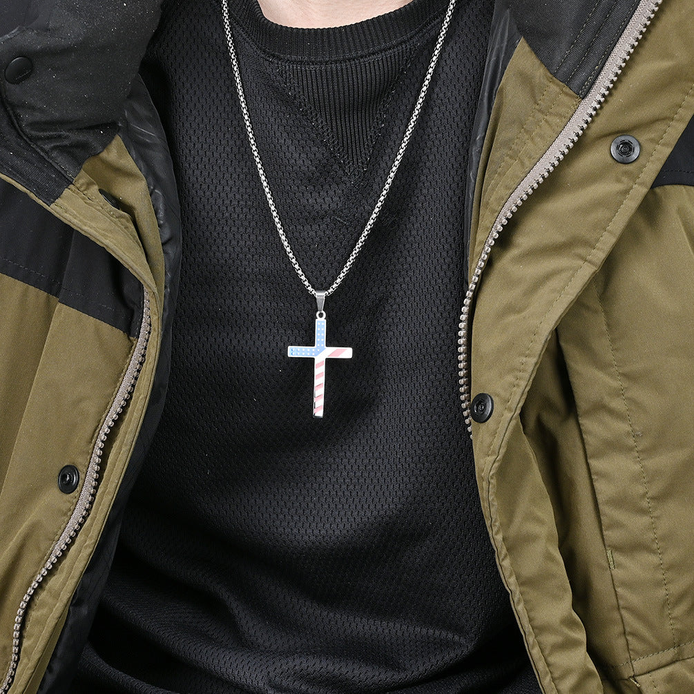 Planderful American Flag Cross Necklace Titanium Steel Unisex Hip Hop Style Premium Daily Wear
