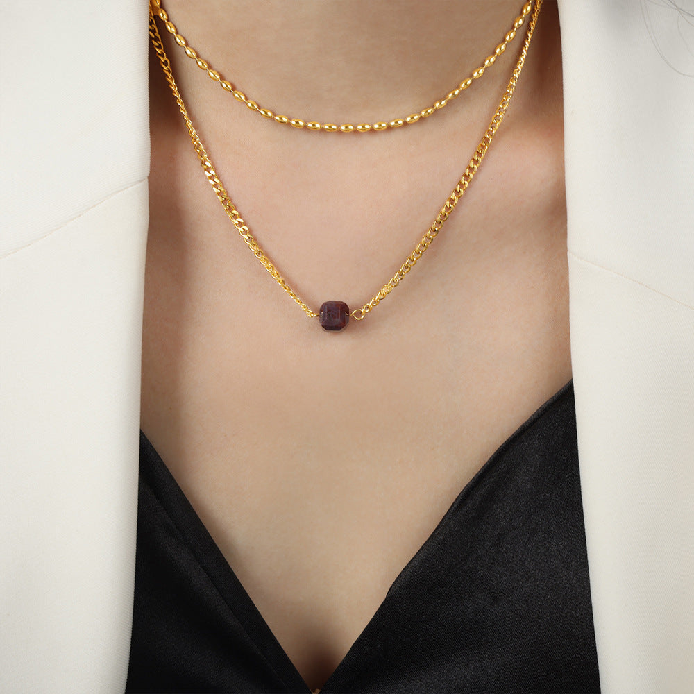 Sugar Agate Double-Layer Pendant Necklace with Unique Geometric Design