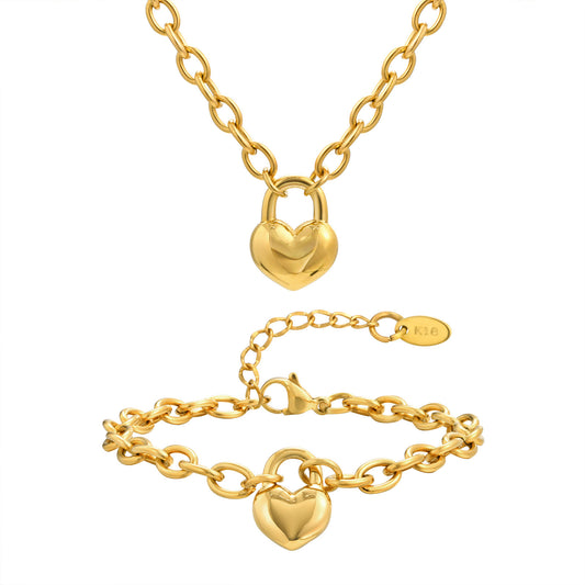 Stylish Stainless Steel Round Cross Chain Heart Lock Necklace Bracelet Gold – Ladies
