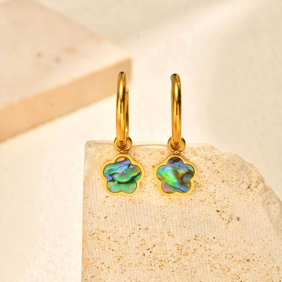 Iridescent Flower Charm Hoop Earrings — Gold Pair