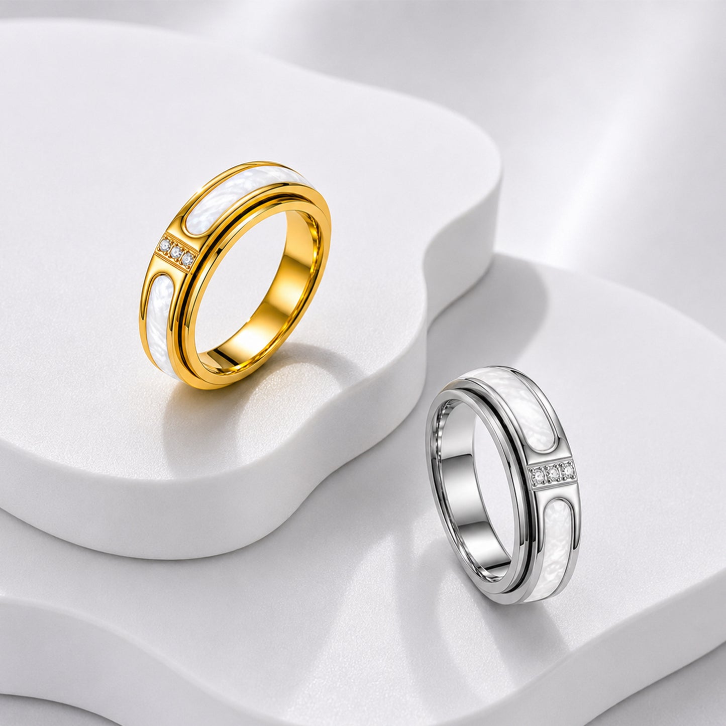 Planderful Everyday Genie Stainless Steel Rotatable Ring With White Mother Of Pearl Inlay Zircon Unisex Couple Jewelry