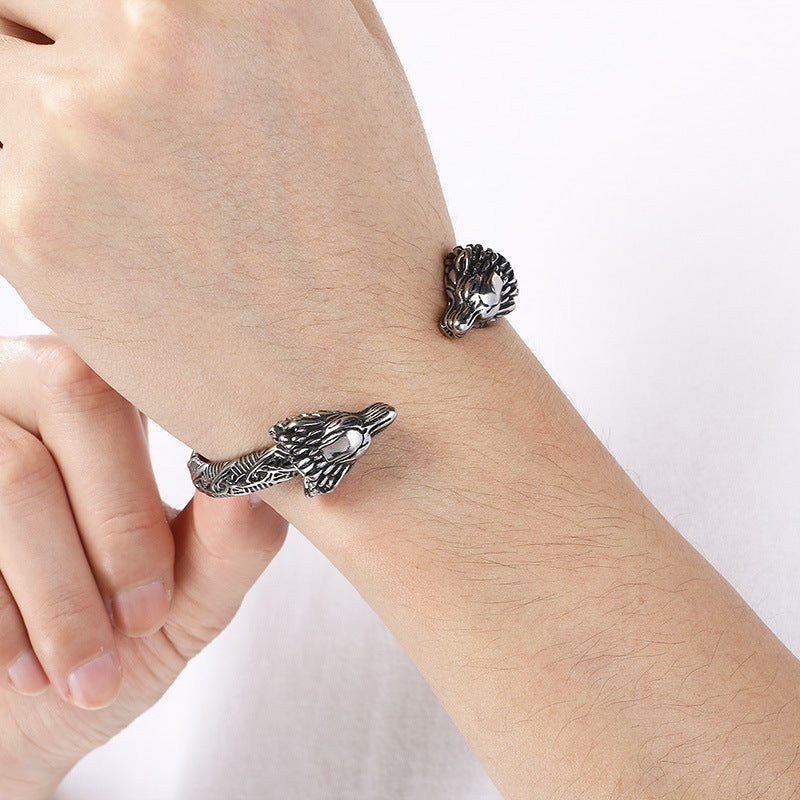 Dark Animal Lion Head Snake Head Opening C-Shaped Bracelet – Punk Style Old Winding