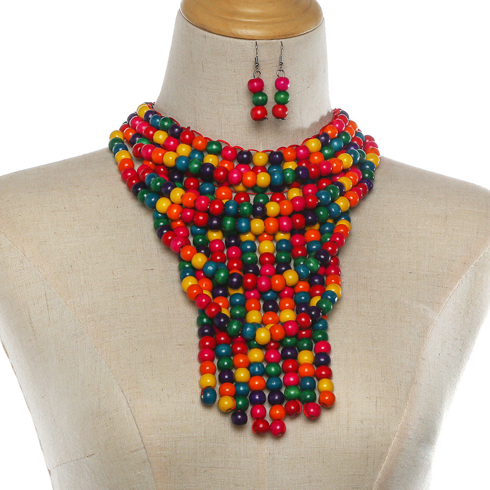 African Savanna Rhythms Wooden Bead Necklace Set - Handcrafted Ethnic Jewelry