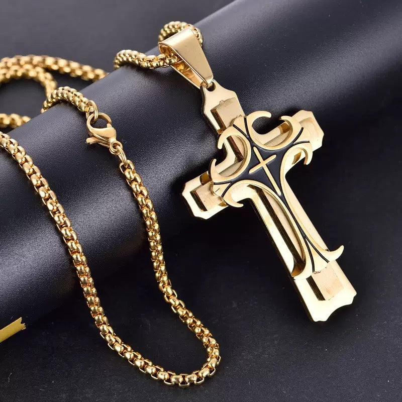 Planderful Three Layer Cross Pendant Necklace Stainless Steel For Men Punk Fashion Accessory