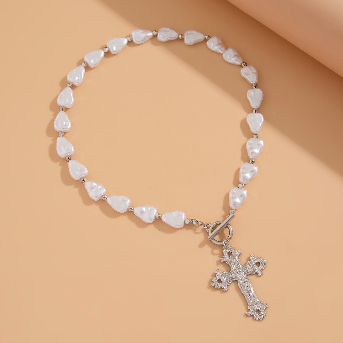Baroque Pearl & Cross Toggle Necklace