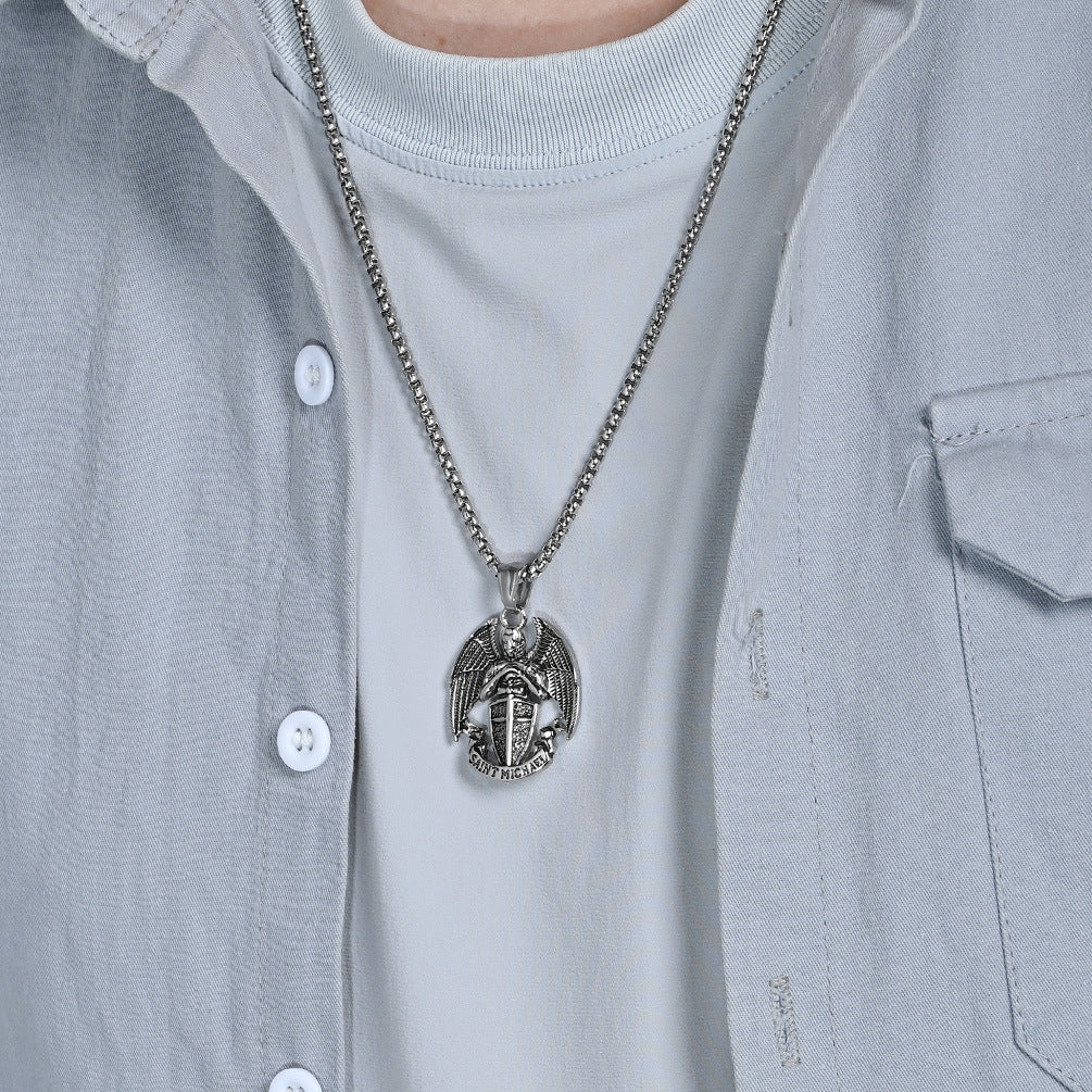 St Michael Necklace For Men By Planderful Protective Pendant, Versatile Punk Hip Hop Style