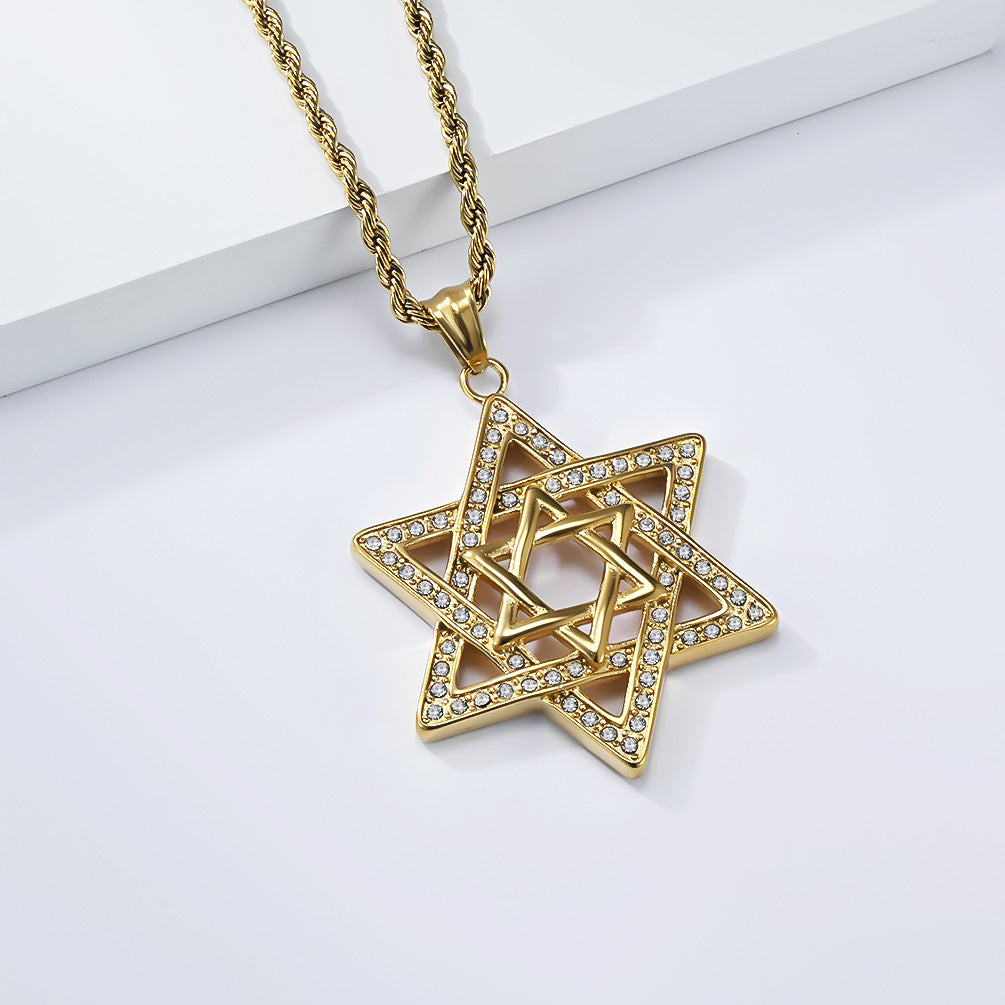 Planderful Collection Everyday Genie David Star Necklace Titanium Steel Zircon Sparkle Unisex Streetwear Bold Statement
