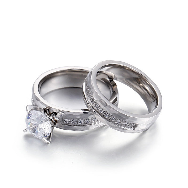 Hammer Pattern Four-Claw Inlaid Zircon Couple Ring, Stainless Steel
