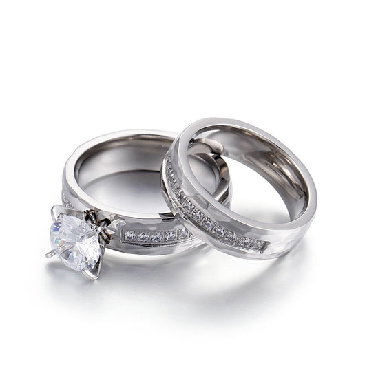 Hammer Pattern Four-Claw Inlaid Zircon Couple Ring, Stainless Steel