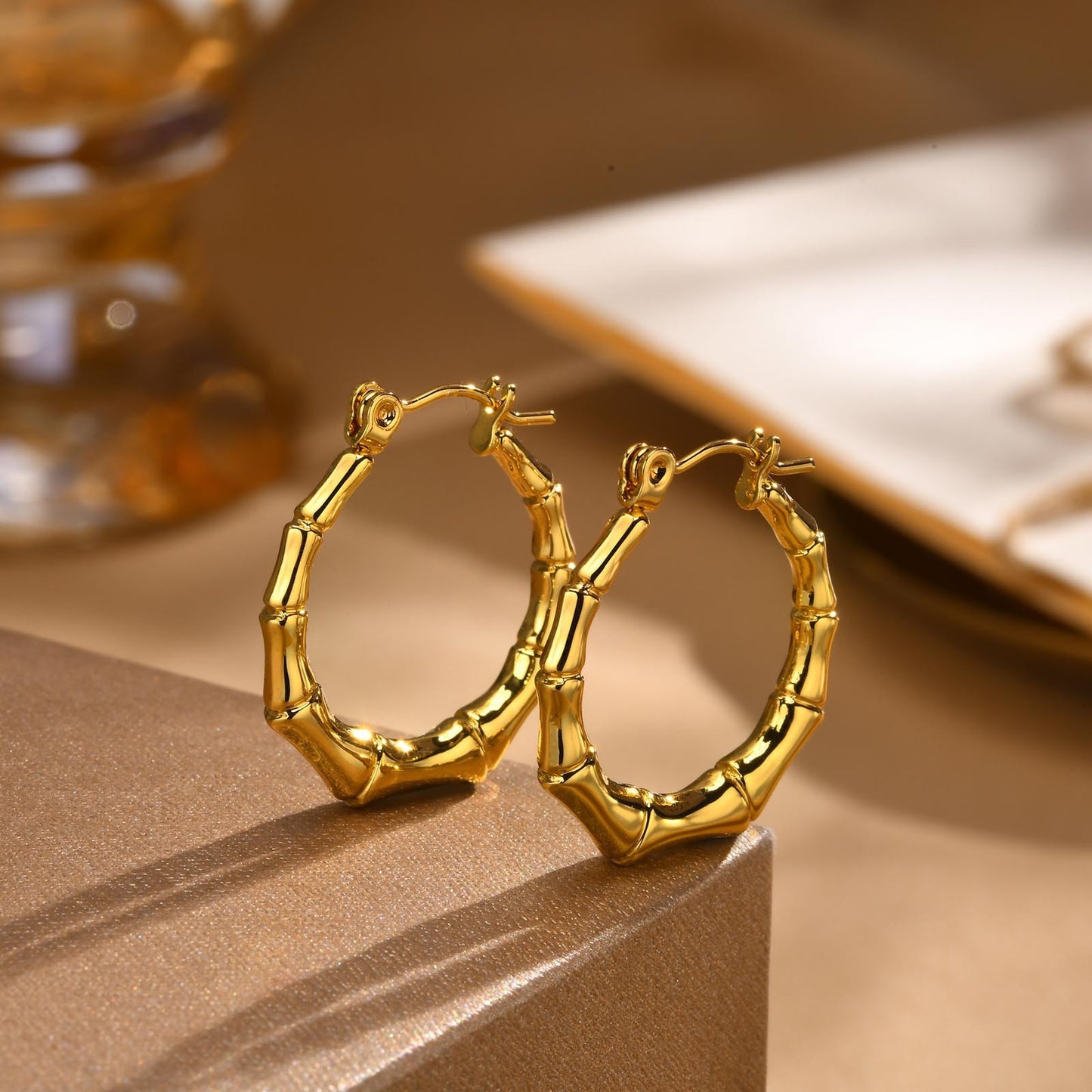 Stainless Steel C Shaped Bamboo Earrings Gold Women Fashion Jewelry