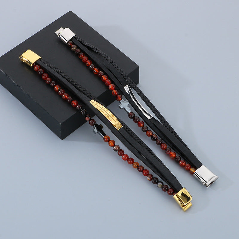 Planderful Men's Titanium Steel Cross Braided Rope Bracelet