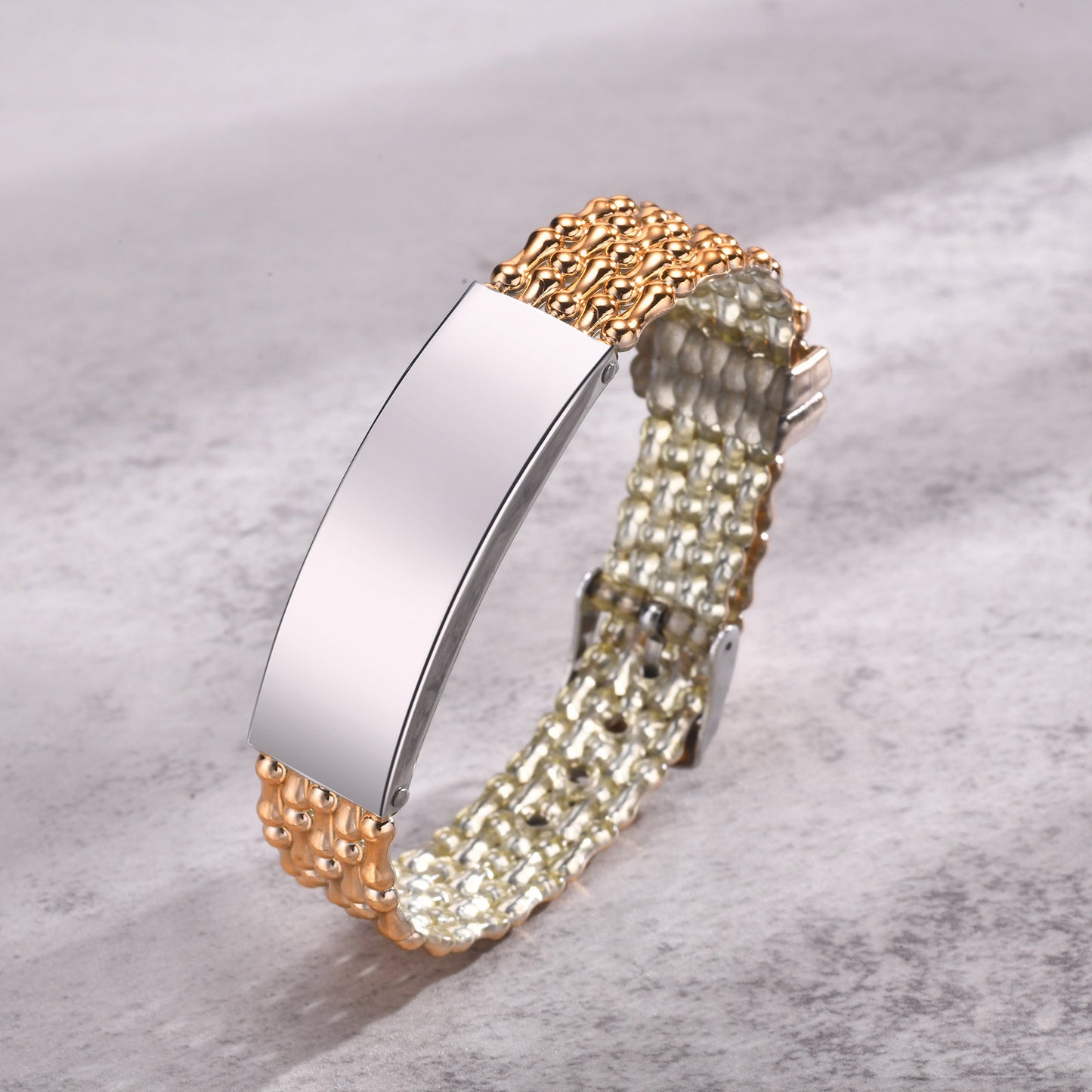 Jewelry Stainless Steel Curved Brand Black PVC Strap Bracelet Universal for Men and Women