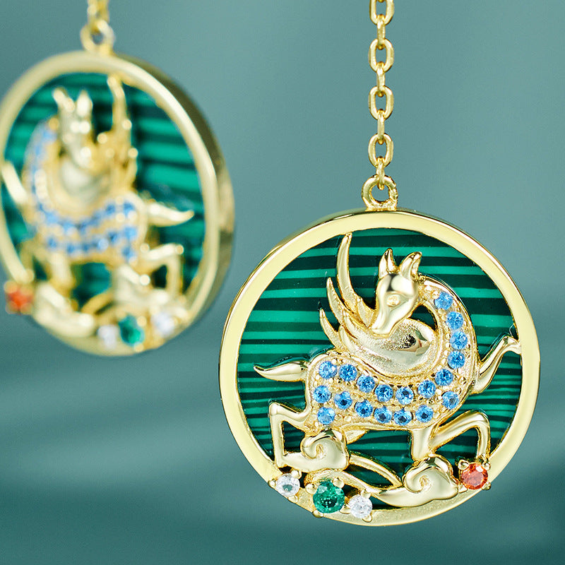Round Turquoise Pendant Winged Horse Zircon Sterling Silver Drop Earrings