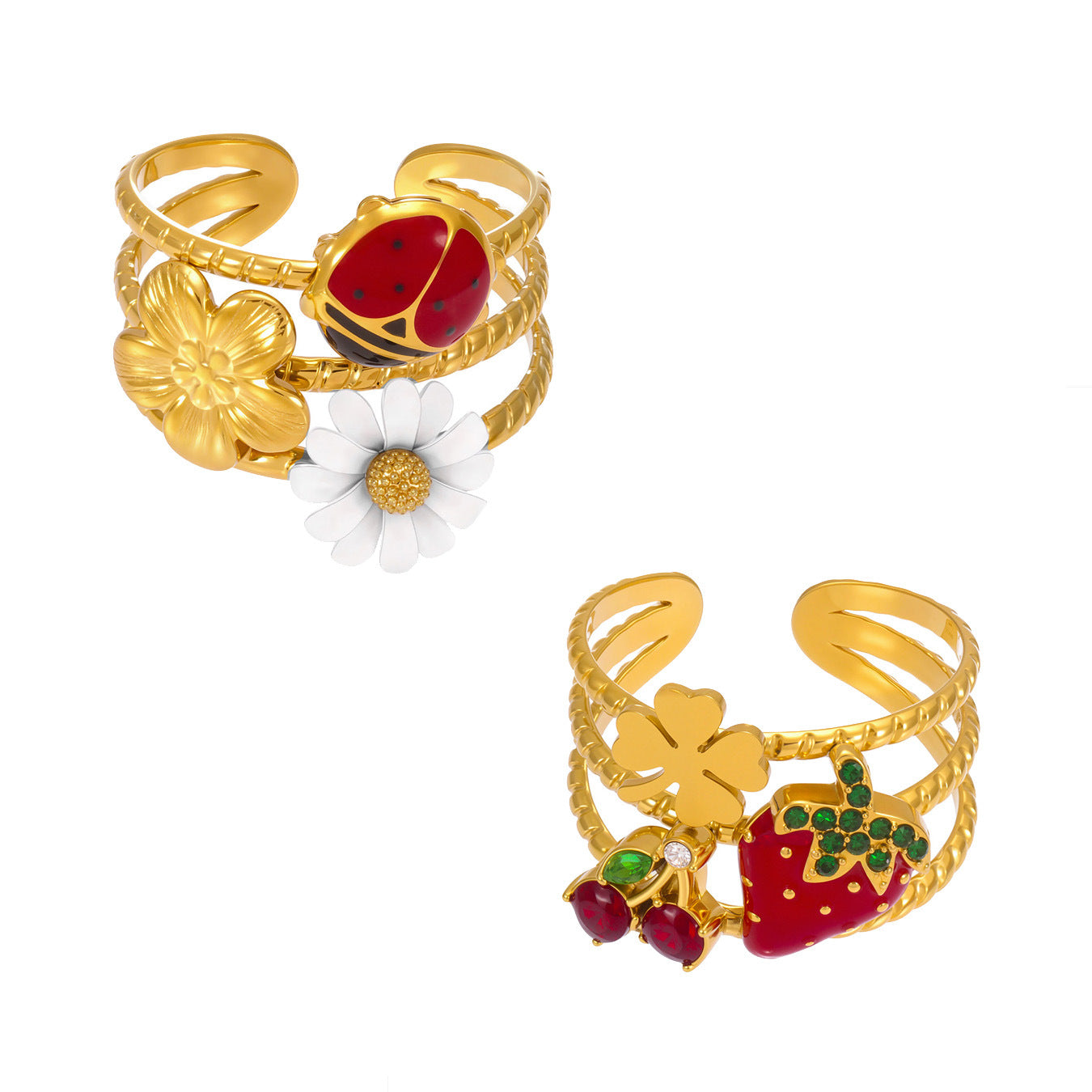 Planderful Hollow Oil Drop Zircon Daisy Ladybug Ladies Ring