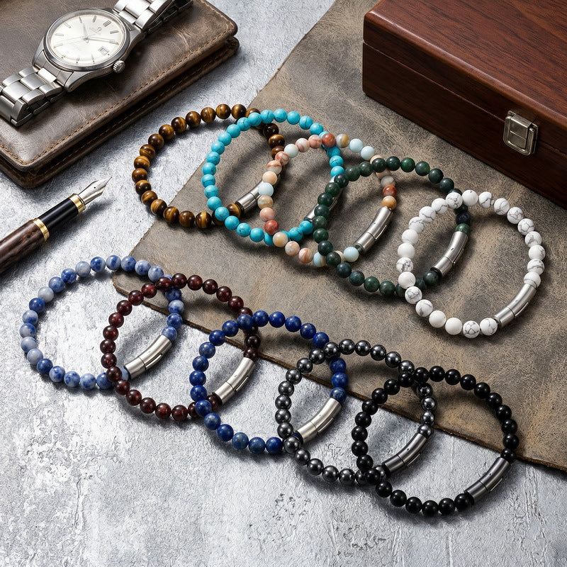 Beaded Bracelet Tiger's Eye Stone Black Agate Stainless Steel Snap Button Unisex Bracelet.