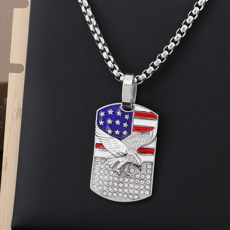 Stainless Steel Men's Eagle Pendant with American Flag and Zircon Accents