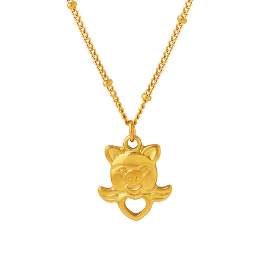 Golden Piglet Love Pendant Necklace - Unique Titanium Jewelry for Women
