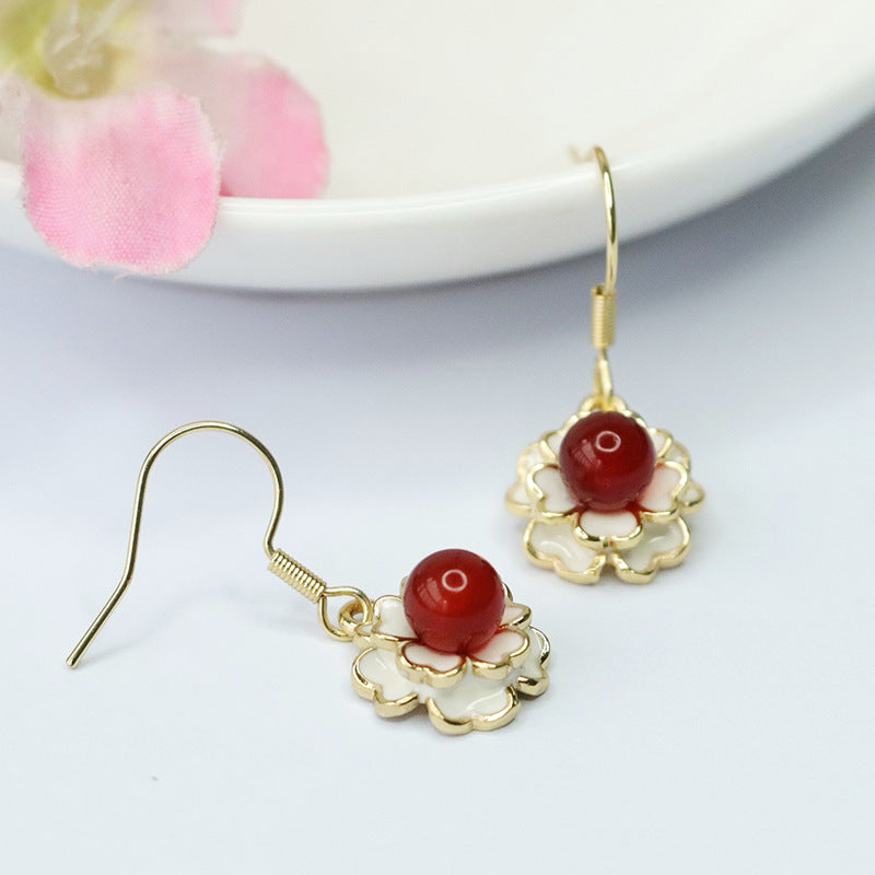Pigeon Blood Red Agate Earrings with Camellia Flower Ear Hooks