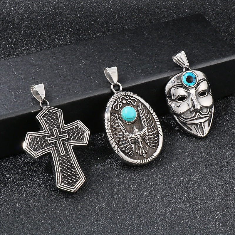 Retro Turquoise Flying Eagle Pendant, Trend Pendant, Devil'S Eye Mask, Cross Man Necklace