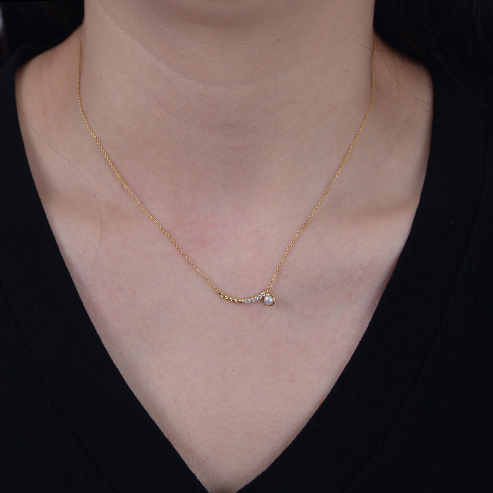 Zircon Pearl Pendant Necklace 925 Sterling Silver Smile