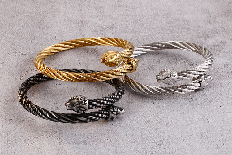 Stainless Steel Braided Wire Wolf Head Open Bracelet Men's Titanium Steel Bracelet