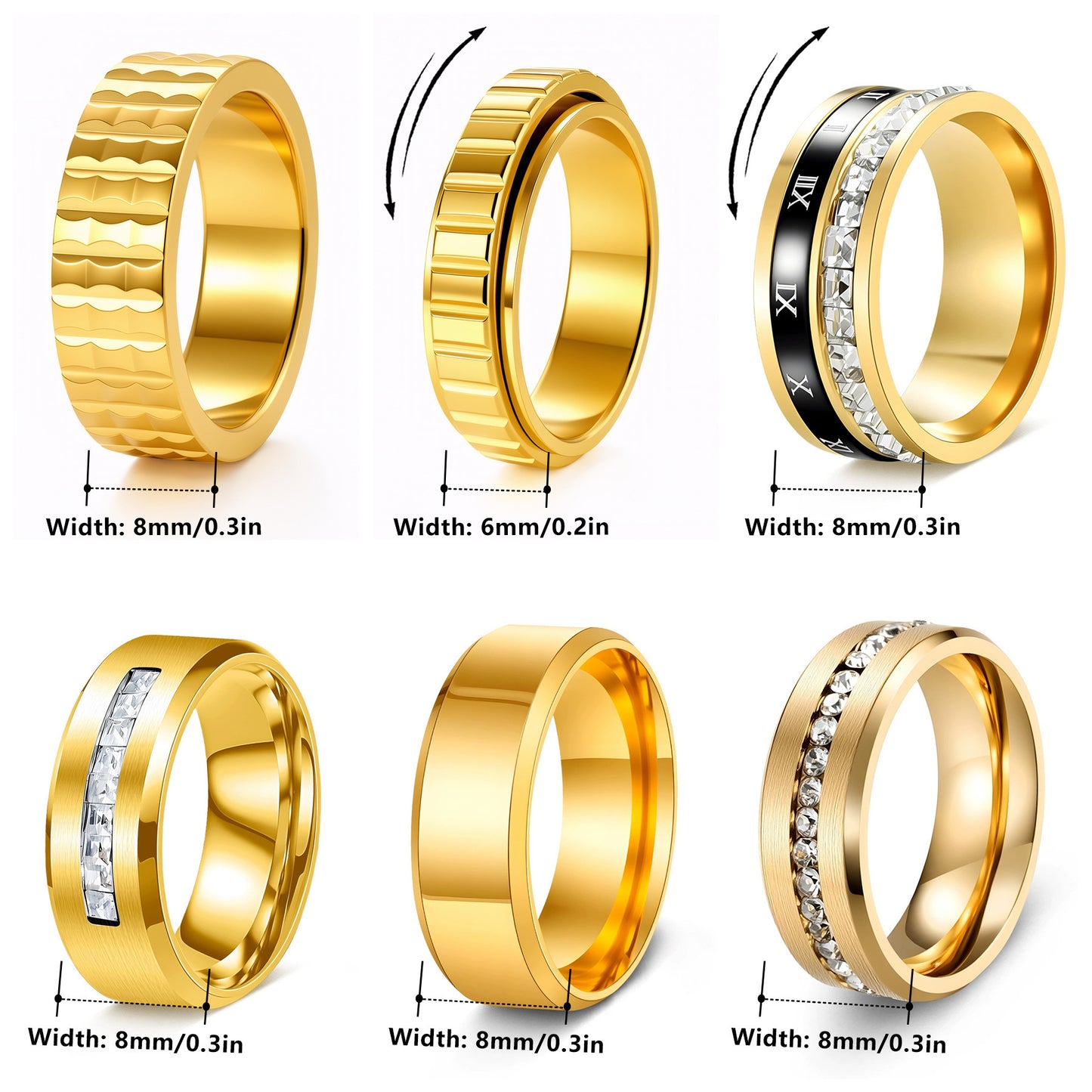 Stainless Steel Ring Set With Wavy Gear Pattern Inlaid Zircon Roman Numerals Unisex Planderful Everyday Genie