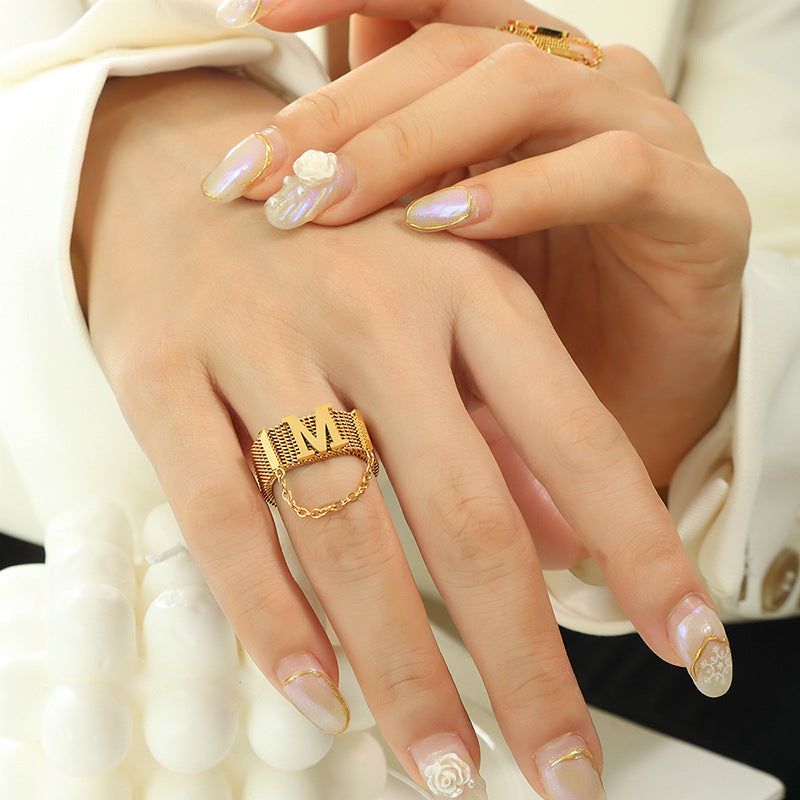 Extravagant Mesh Belt Fringed Chain Ring with Titanium Steel and Gold Accent