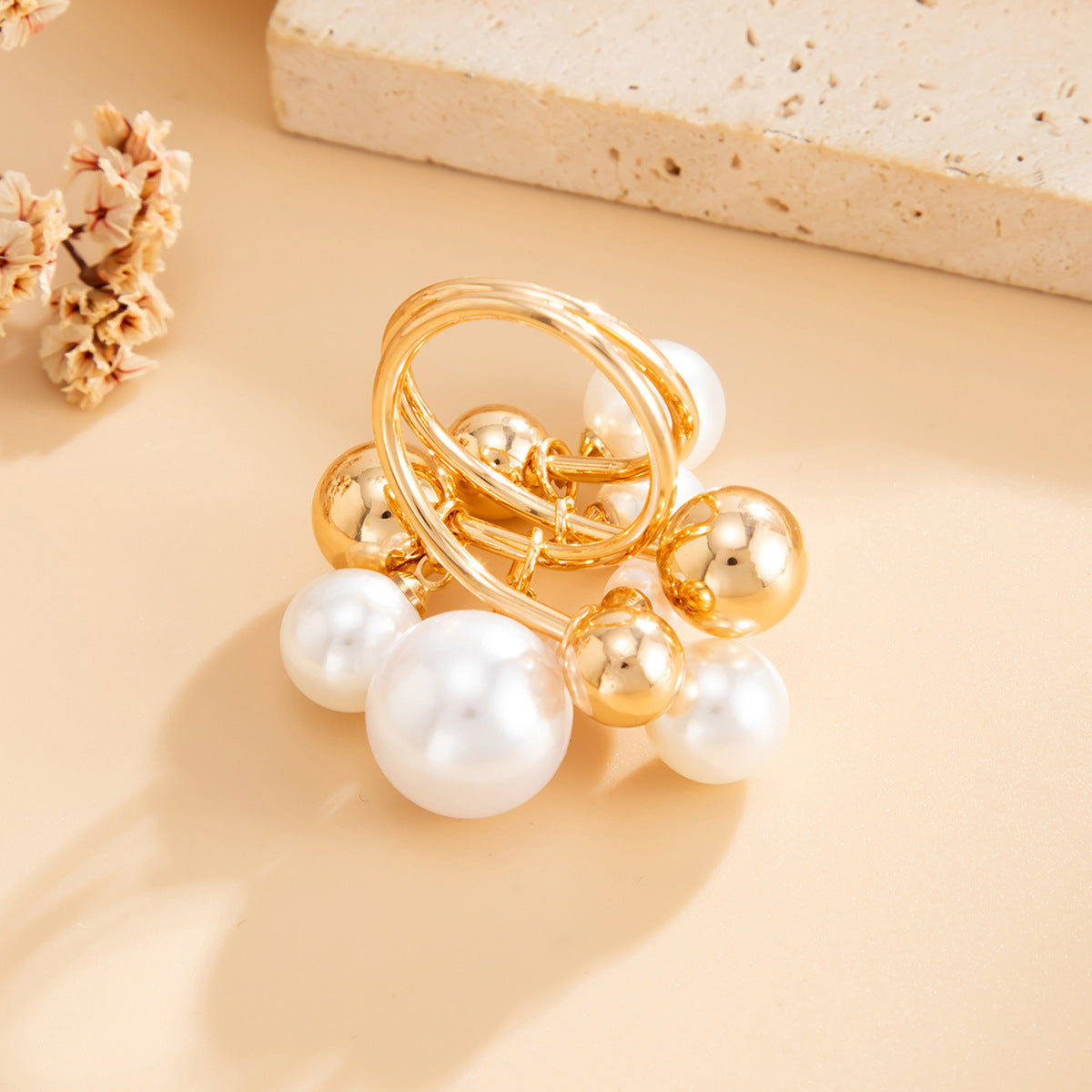 Planderful Vienna Verve Imitation Pearl Ring For Women Retro Bead Geometric Handmade Statement Jewelry
