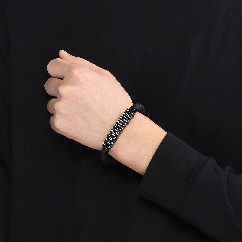 Business Style Strap Chain Woven Leather Rope Bracelet – Stainless Steel Bicycle Chain