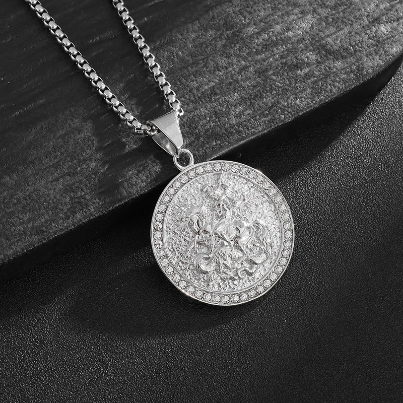 Planderful Hip Hop Necklace Titanium Steel Gold Plated St George Dragon Slayer Pendant For Hip Hop Fans