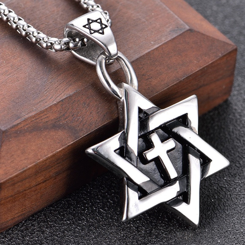 1. Planderful Men's Titanium Steel Necklace With Hexagram Cross Pendant Retro Hip Hop Style Gift