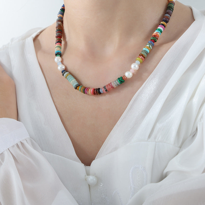 Baroque Freshwater Pearl Ethnic Style Handmade Necklace with Colorful Natural Stones for Women