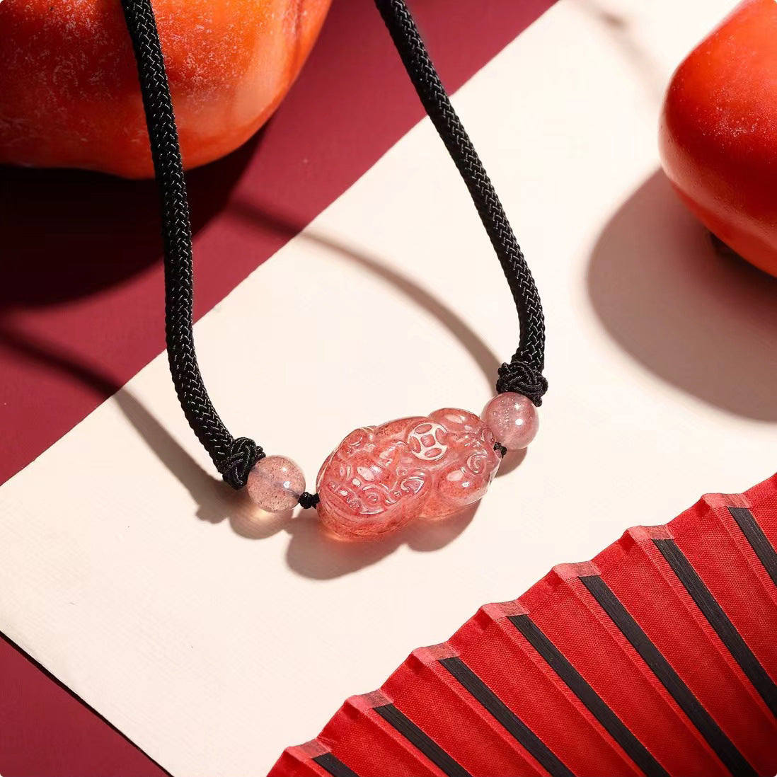 Strawberry Quartz Crystal Pixiu Pendant Necklace