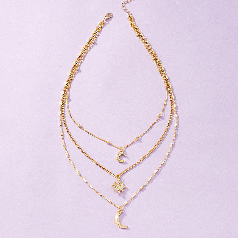 Stylish Three-Layer Star Moon Necklace - Vienna Verve Collection