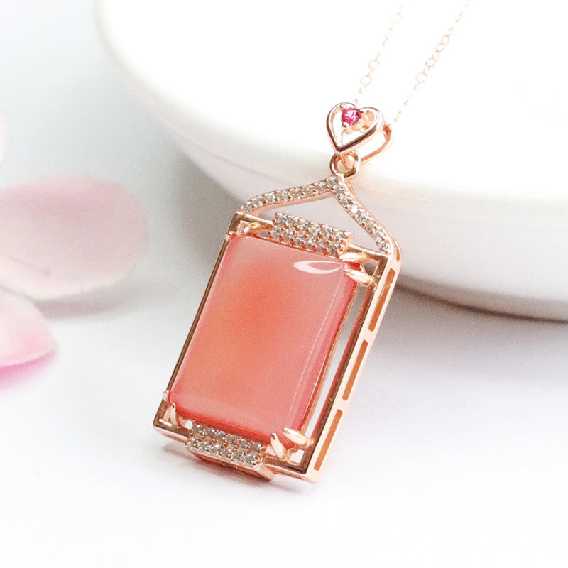 Zircon Hollow Rose Gold Necklace with Natural Rectangle Agate Pandant