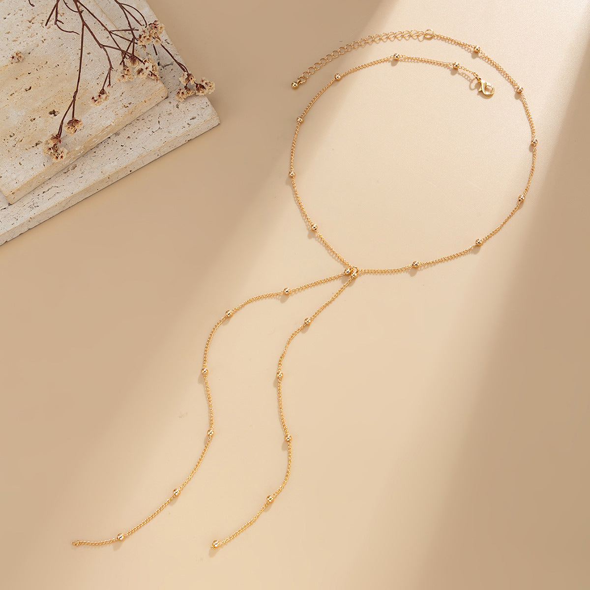 Square Zircon Y-Shaped Neck Chain Fringed Fine Chain Collarbone Necklace Round Bead